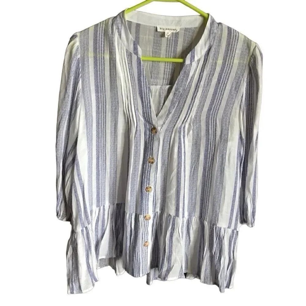Blu pepper blue white striped blouse top 3/4 sleeve size Large Ruffle